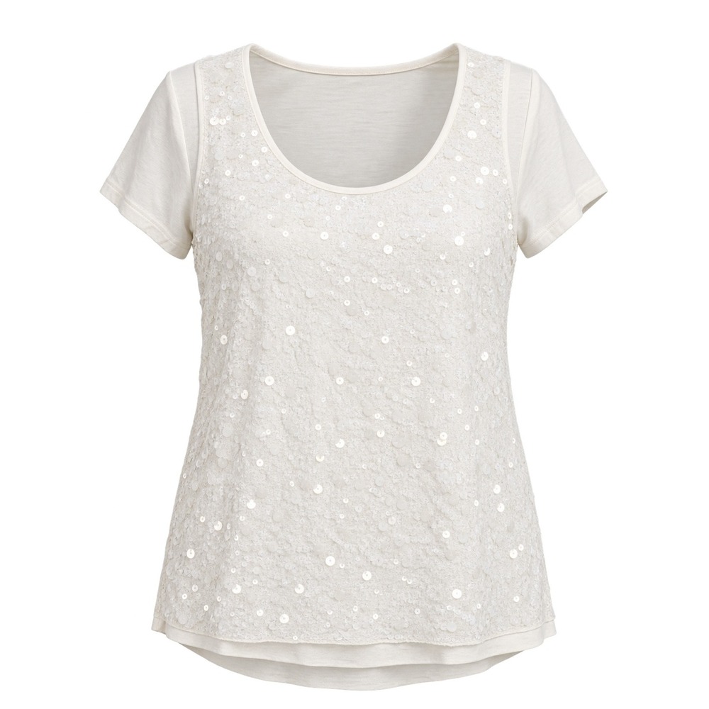 a.n.a. Women's Large Ivory Sequin-Front Short-Sleeve Layered Top NWT